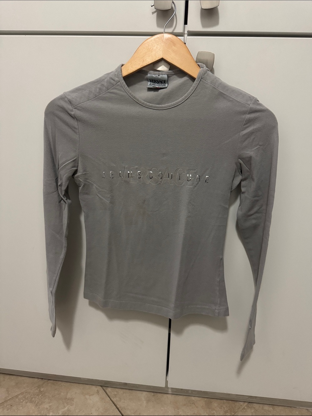 Versace Jeans Collection Gray Long Sleeve Crewneck Top with Subtle Logo